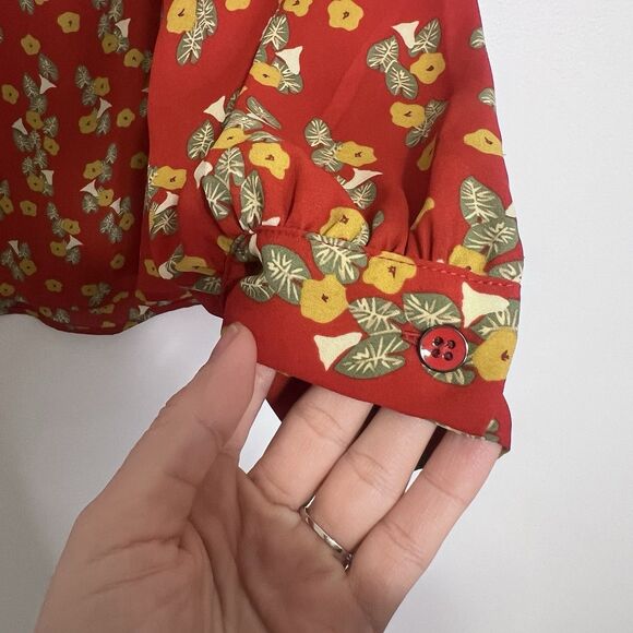 Cabi Belfry Floral Popover Blouse #3947 Size L Coral Red Long Sleeve - Picture 7 of 8